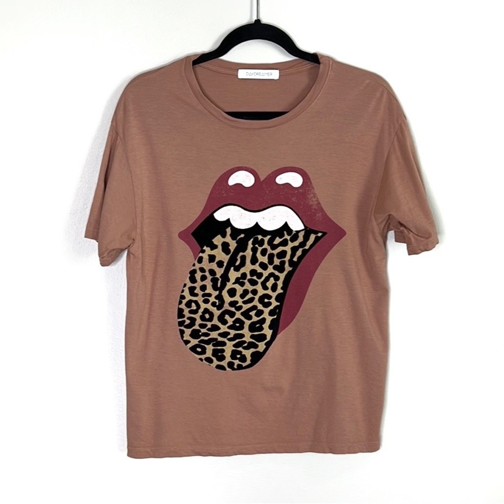 DAYDREAMER Rolling Stones Flocked Leopard Print Tongue Out Graphic Print XS